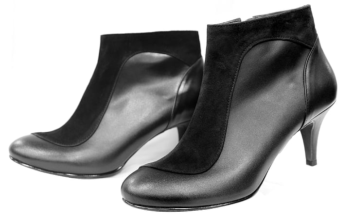 pair of women's black leather kitten heeled booties