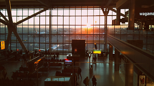 airport interior during golden hour