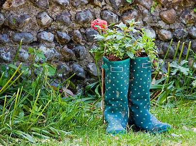 teal and white boots plant pot
