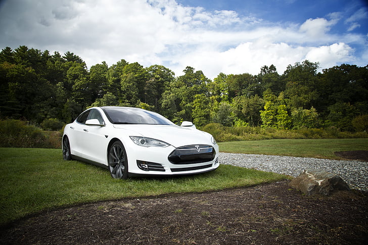 white Tesla Model S park on the green grass field under cloudy sky at daytime