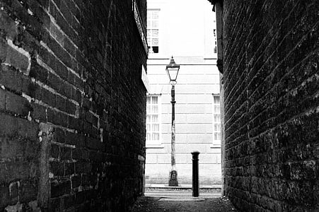 grayscale photography of alley