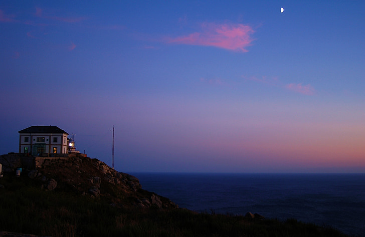 galicia, fisterra, night, moon, lighthouse, cape