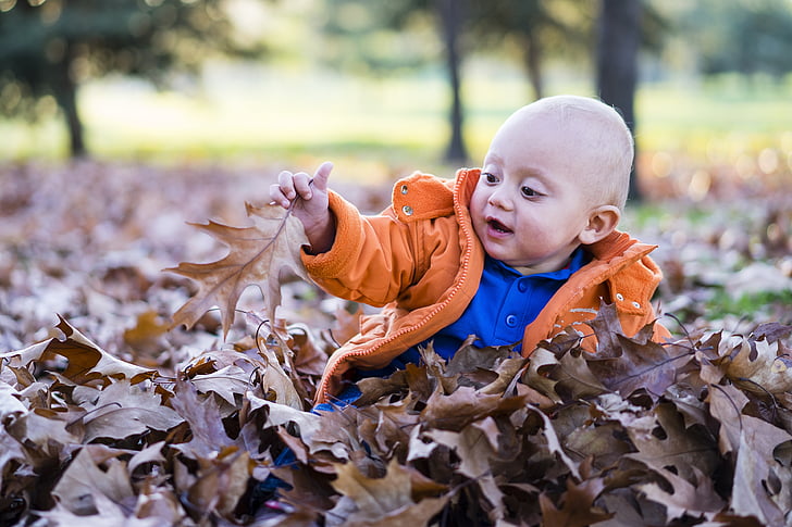toddler playing with dry leaves