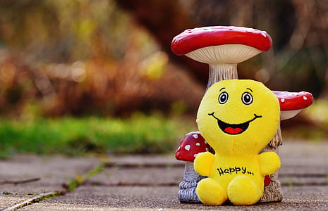 Happy plush toy beside mushroom on floor