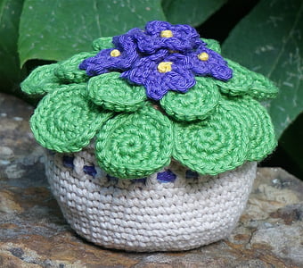 green and purple crochet African violet