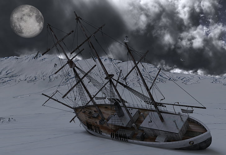 brown and gray galleon shin on snow near snow cap mountain under full moon