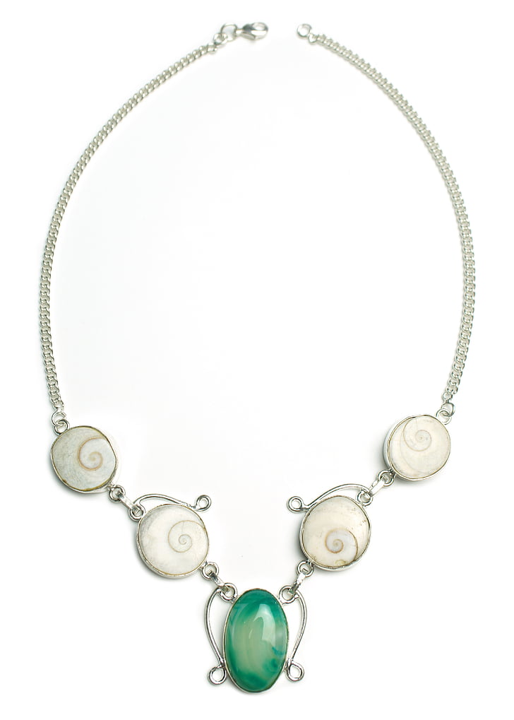 silver-colored green cabochon stone encrusted pendant necklace