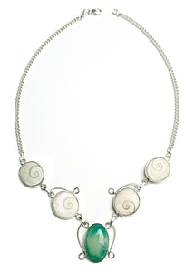 silver-colored green cabochon stone encrusted pendant necklace