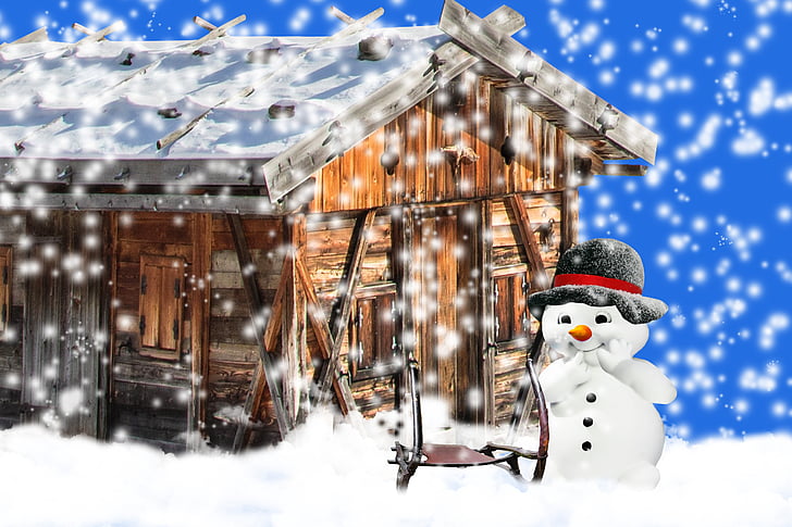 brown wooden house with snowman illustration