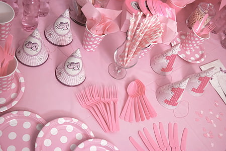 pink and white-themed birthday decor set