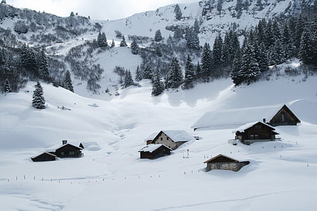 brown houses on snow field near mountain