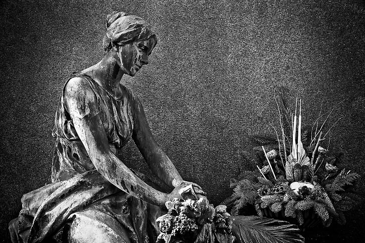 grayscale photography of statue of woman