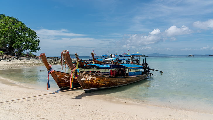 two brown-and-blue fishing boats