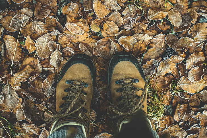 person wearing brown-and-black leather hiking boots standing on ground with brown leaves