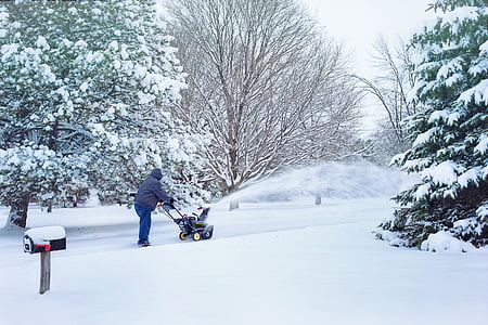 person using snow blower surrounded by trees