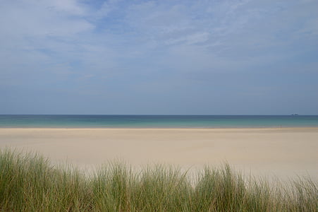beige beach overlooking body of water under blue daytime sky