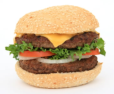 double burger patty, tomato, lettuce, onions, cheese with sesame seeds bun
