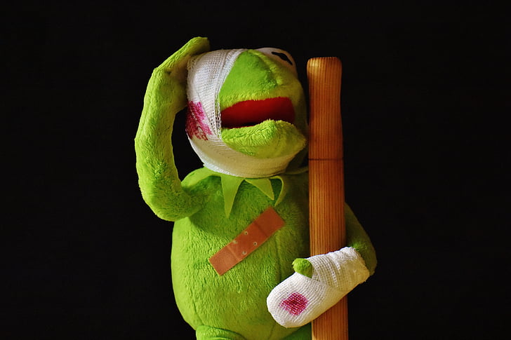 Kermit the Frog with gauze holding brown pole