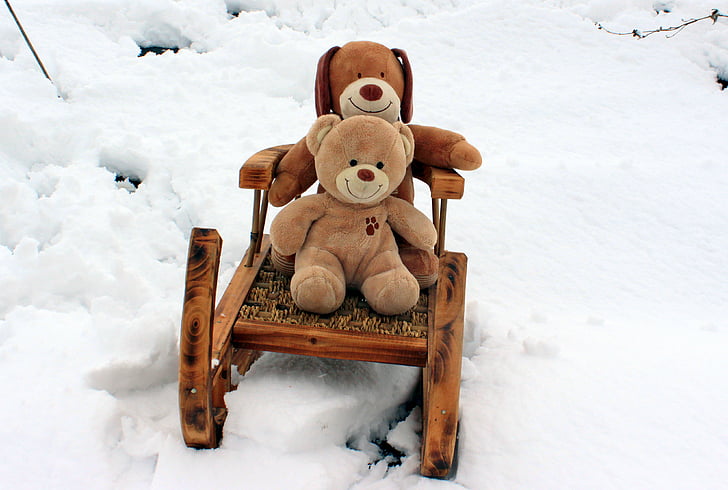 two brown bear plush toys riding sleigh