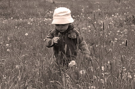 grayscale photo of toddler on flower field