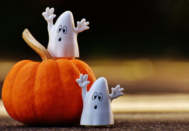 photograph of orange pumpkin with two white ghosts