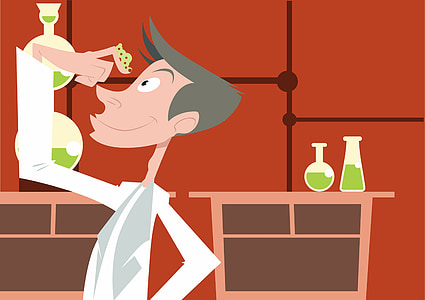 illustration of man wearing white coat with green slime on index finger inside laboratory