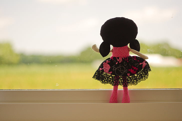 doll, looking out, pink, black hair, farm, window