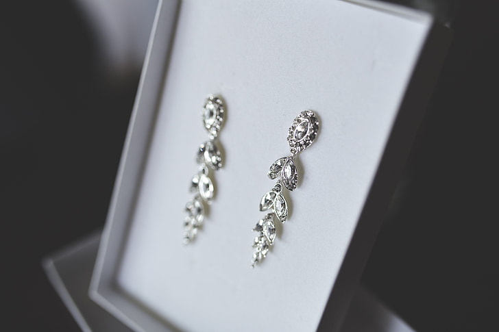closeup photo of silver-colored floral drop earrings with box
