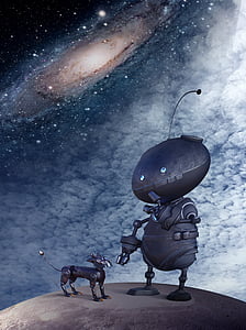 two robots in galaxy wallpaper
