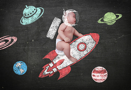 baby riding on spacecraft on universe