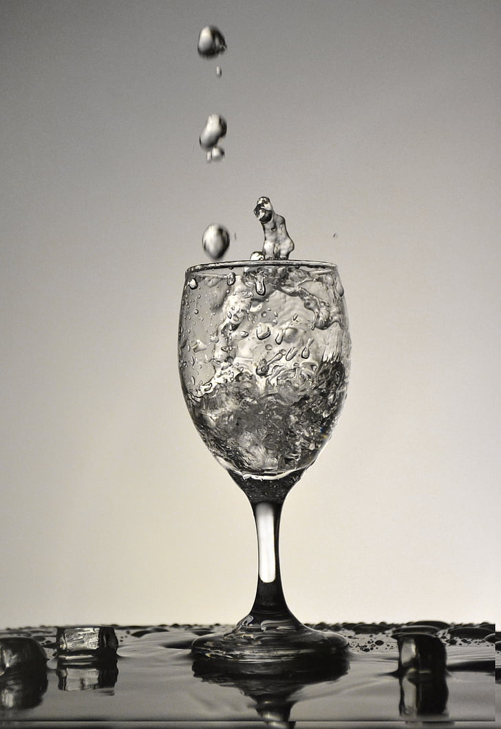 grayscale photography of wine glass with water inside
