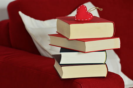 stack of books on red couch