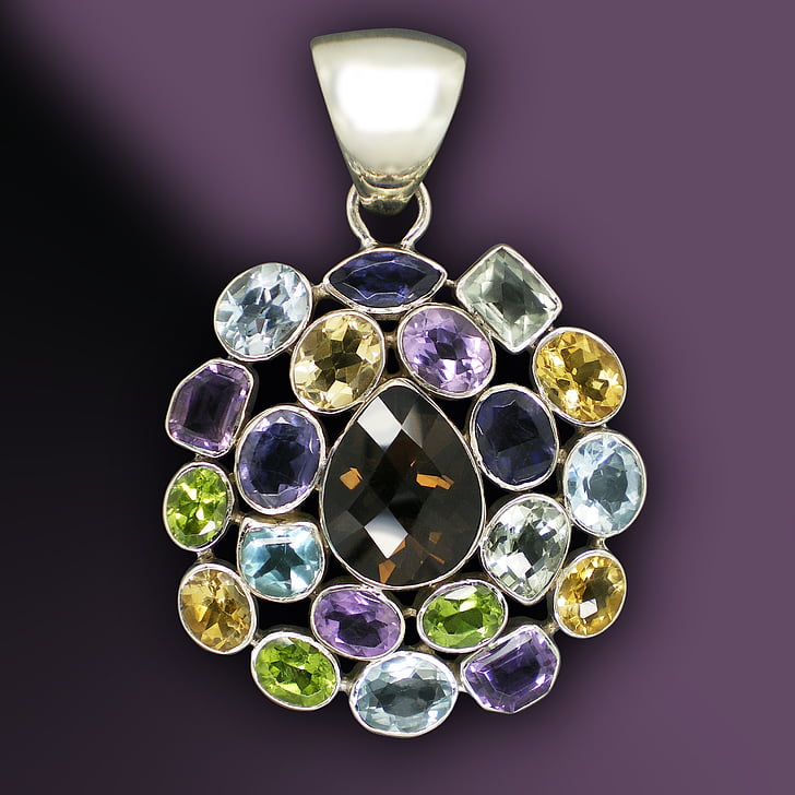 silver-colored assorted-color gemstone pendant
