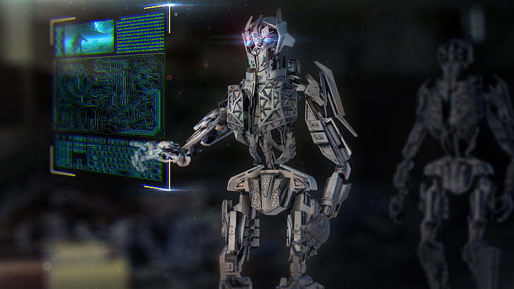 gray robot touching screen wallpaper