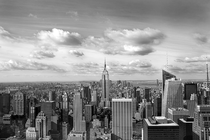 New York City skyline in greyscale photography
