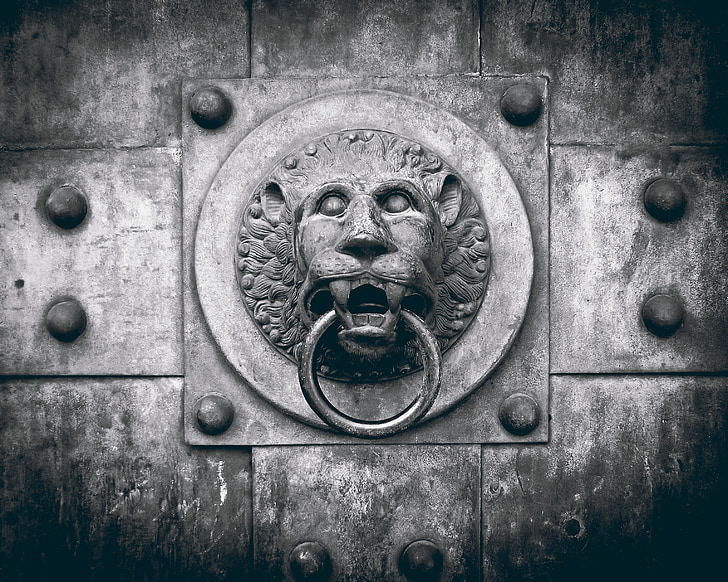 grayscale photo of lion gate knocker
