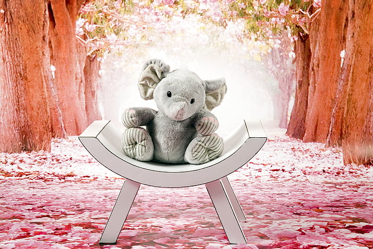 elephant plush toy on white wooden chair