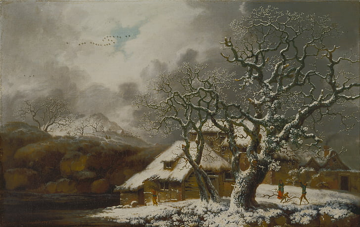brown tree covered with snow beside house painting