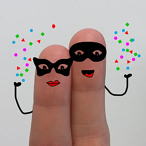 two fingers forming man and woman wearing eyemasks