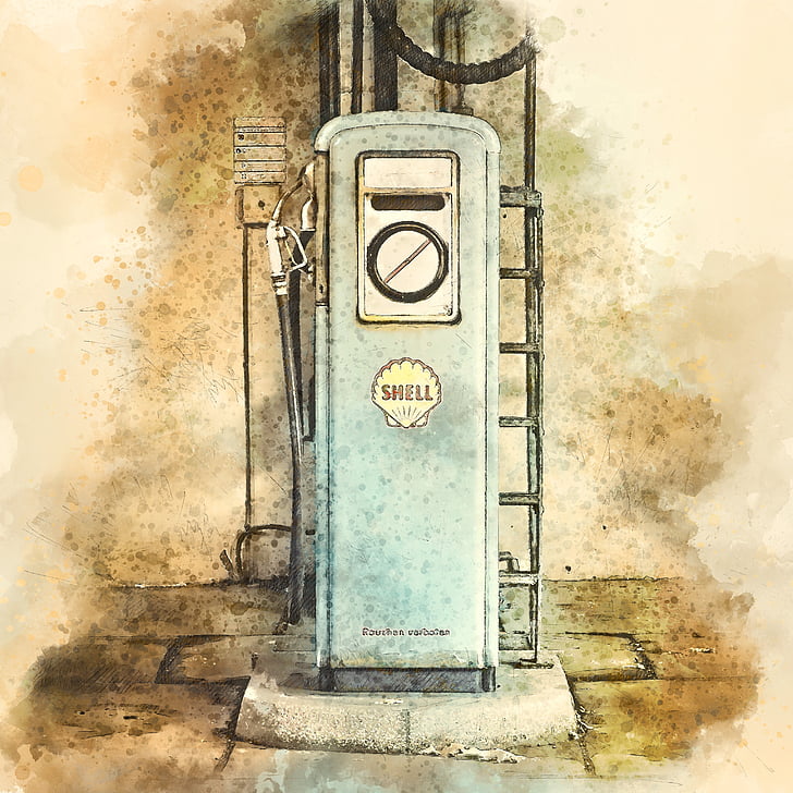 view of vintage Shell fuel dispenser painting