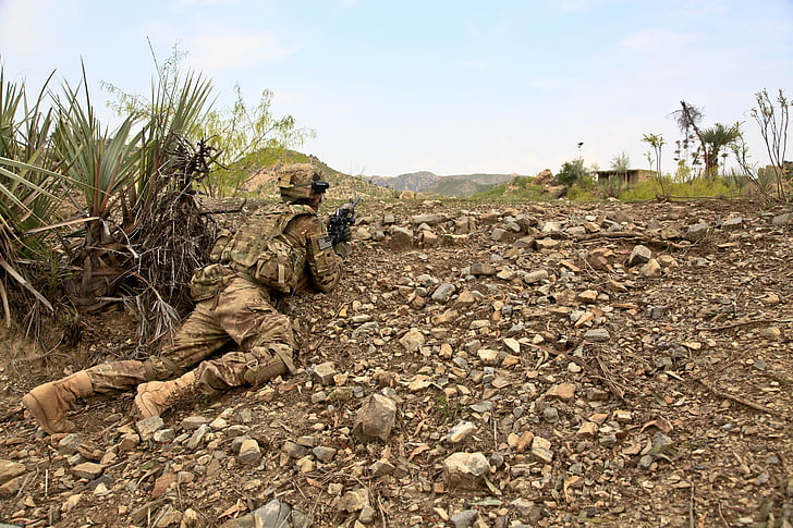 soldier wearing brown camouflage uniform crawling near plant holding rifle