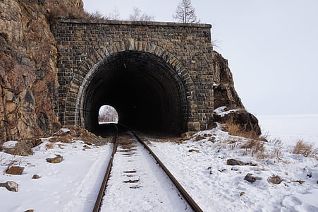 train rails across tunnel during daytime