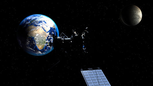 Earth beside satellite and moon illustration