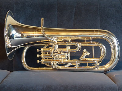 gold-colored wind instrument on black sofa