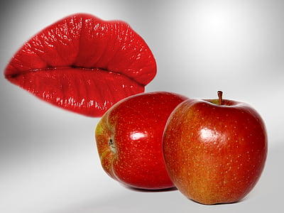 photo of two red honey crisp apples and red lips