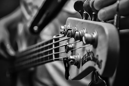 grayscale photography of guitar headstock