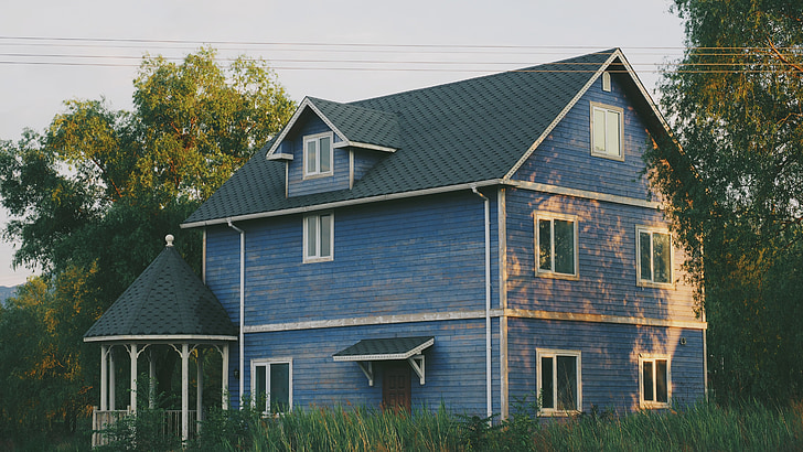 blue 3-storey house