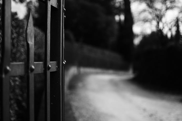 tilt photography of steel gate in grayscale