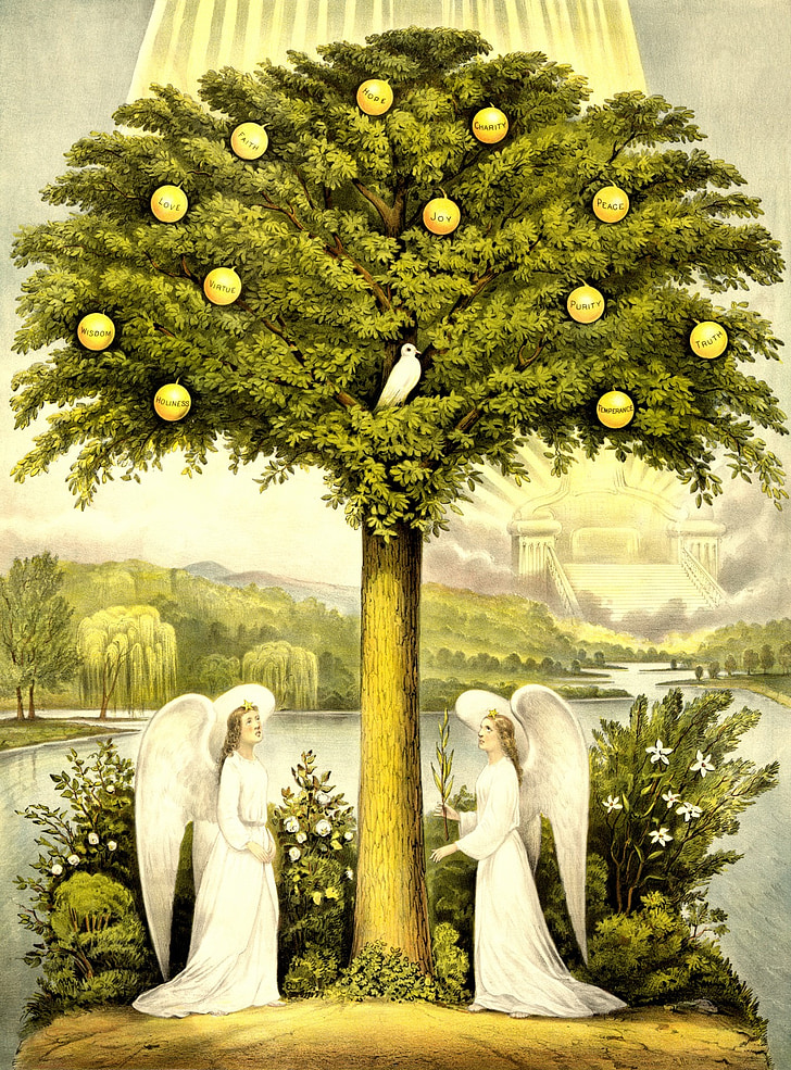 two angels under green tree with white dove painting