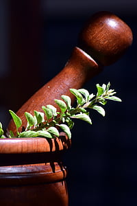 green leaves on brown wooden mortar and pestle